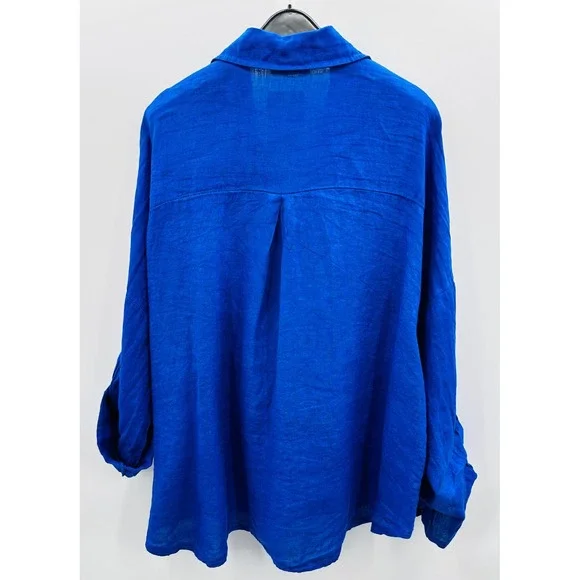 NWT Womens L 100% Linen Oversized Shirt Cobalt Blue Lagenlook Artsy Minimalist - Picture 8 of 14